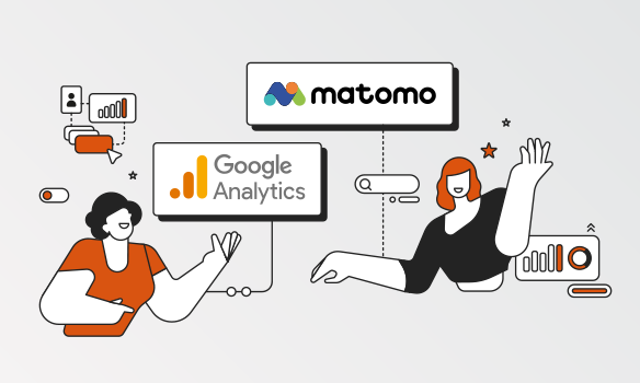 Vorschaubild Artikel Matomo oder Google Analytics mit Logos der Tracking-Tools und Datenanalyen im Hintergrund
