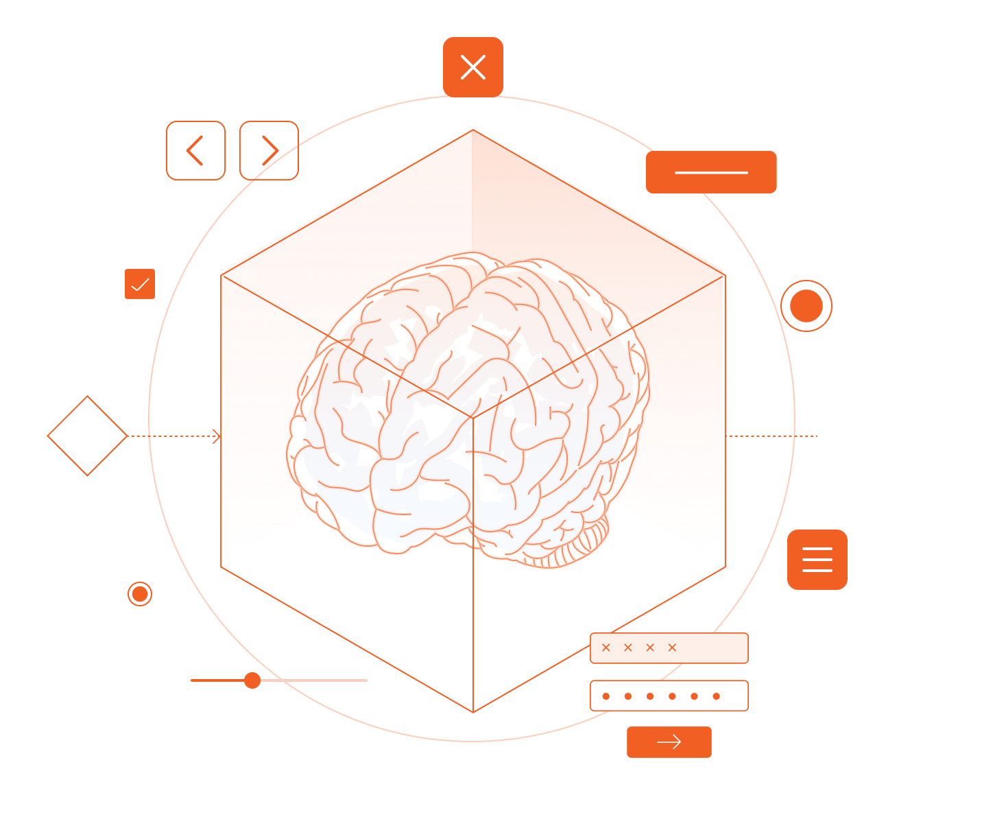 Illustration die ein Gehirn zeigt, welches von UI-Design-Patterns umgeben wird um die Idee Mentaler Modelle darzustellen